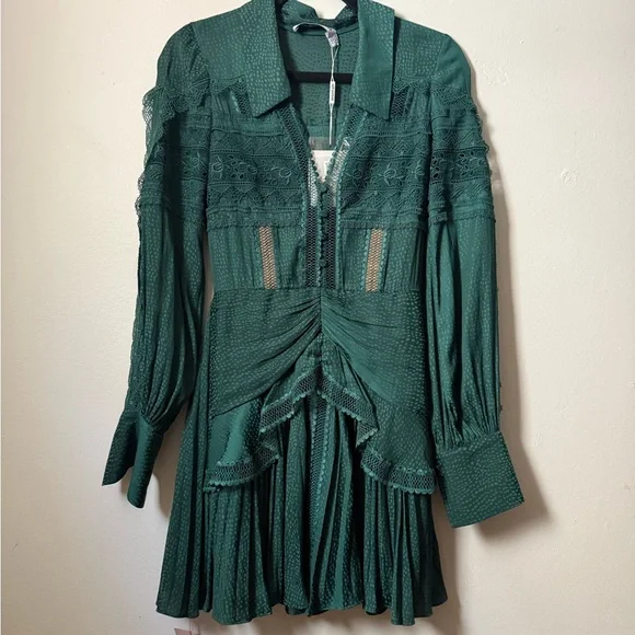 Self-Portrait Green Ruched Bishop Sleeve Lace Trim Dress NWT